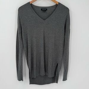 Trouve Cashmere Viscose Blend V-Neck Slit Hem Sweater Women Small Grey